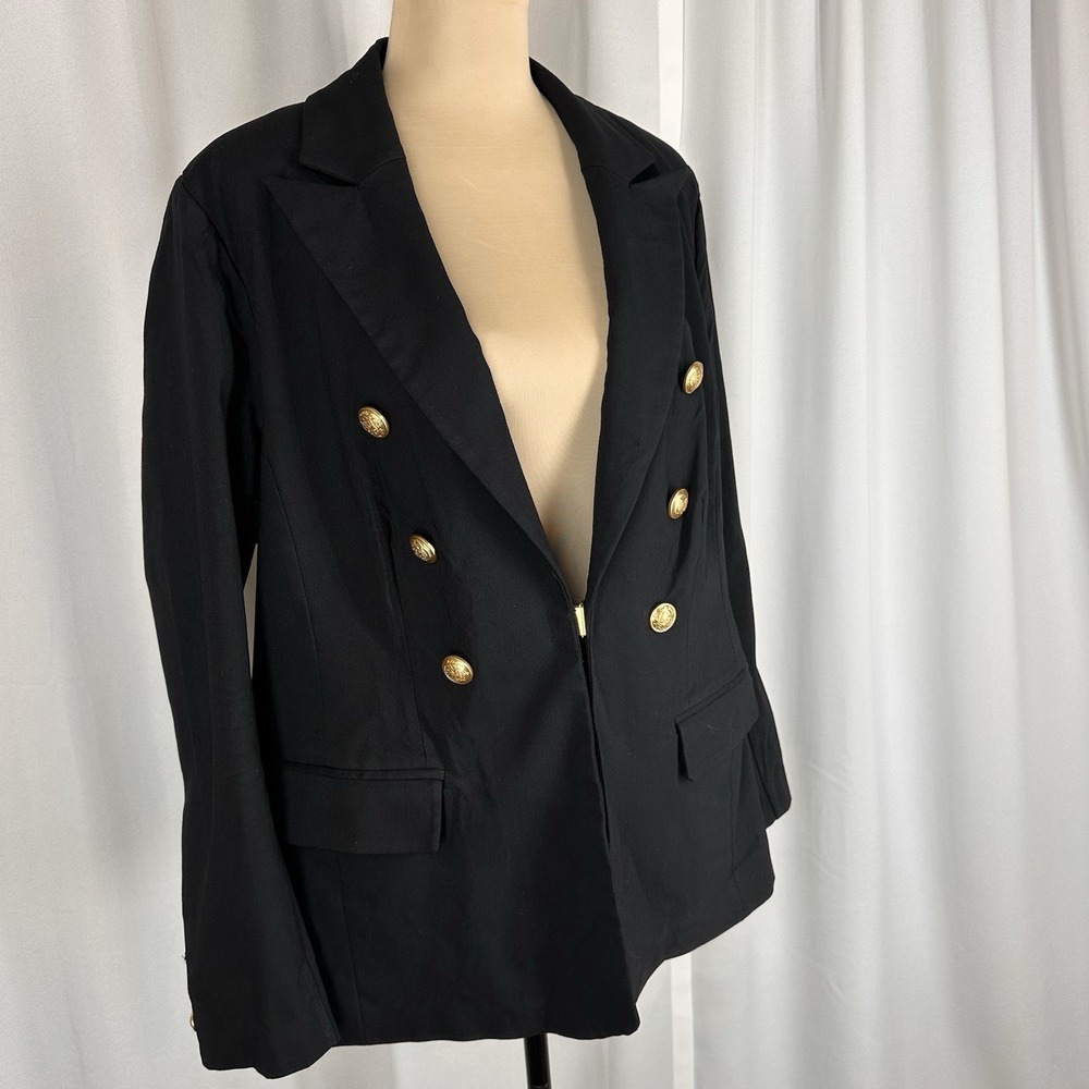 Lane Bryant The Bryant Blazer Sz 18 Hook Closure STRETCHY Gold Button Dbl Breast - Picture 2 of 16